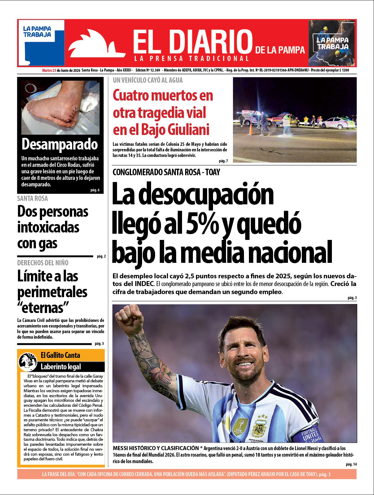 Tapa de El Diario en papel  martes 23 de junio de 2026